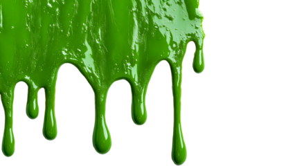 Dripping green slime goo, flowing down, wet, shiny and vibrant, cut out transparent