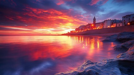 Dramatic sunset over Vieste town shoreline with reflections on sea