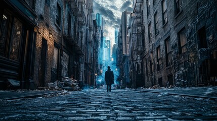 Street-level movie poster of futuristic intricate New York labyrinthic liminal downtown alleys, photorealistic, Dark Art Fantasy Style, movie poster style, dark art textures, epic scenery, cinematic l