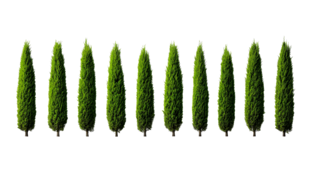 Row of Italian cypress trees isolated on black backdrop, cut out transparent