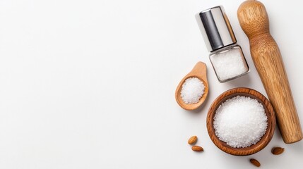 Minimalist Arrangement: Sea Salt, Wooden Bowl, and Shaker on White - Food Photography