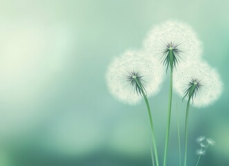 Naklejka premium Beautiful dandelion close-up on a green and blue background, macro photography, blurred background, copy space for text, pastel colors, minimalism, high resolution, stock photo.