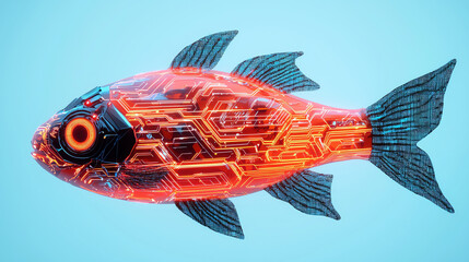 Fototapeta premium Futuristic robotic fish with glowing circuitry, showcasing advanced technology and design, perfect for aquatic environments