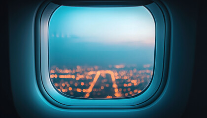Fototapeta premium Aerial view from airplane window showcasing vibrant city skyline illuminated at night, with twinkling lights creating mesmerizing scene
