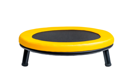Mini trampoline with yellow trim and black legs, cut out transparent