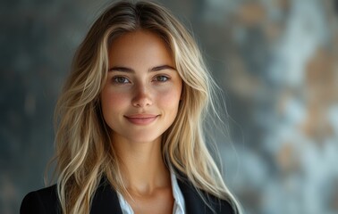 Naklejka premium Dressed in a tailored black suit, a self assured caucasian businesswoman poses against a minimalistic background, embodying strength and elegance.