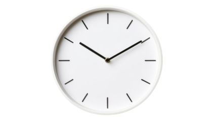 Simple white wall clock, telling time, clean design, cut out transparent