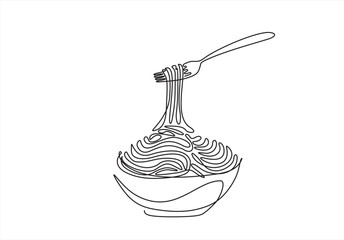 Pasta and spaghetti in One Continuous line drawing. Italy noodle on plate with fork for web banner and food delivery service in simple linear style. Editable stroke. Doodle Vector illustration