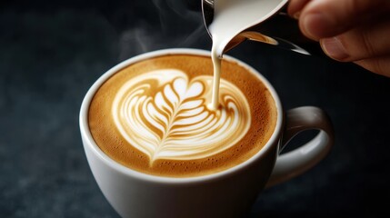 A barista expertly making a cappuccino, pouring steamed milk from a pitcher, creating intricate latte art in a paper cup. The coffee's smooth texture and the barista's focus