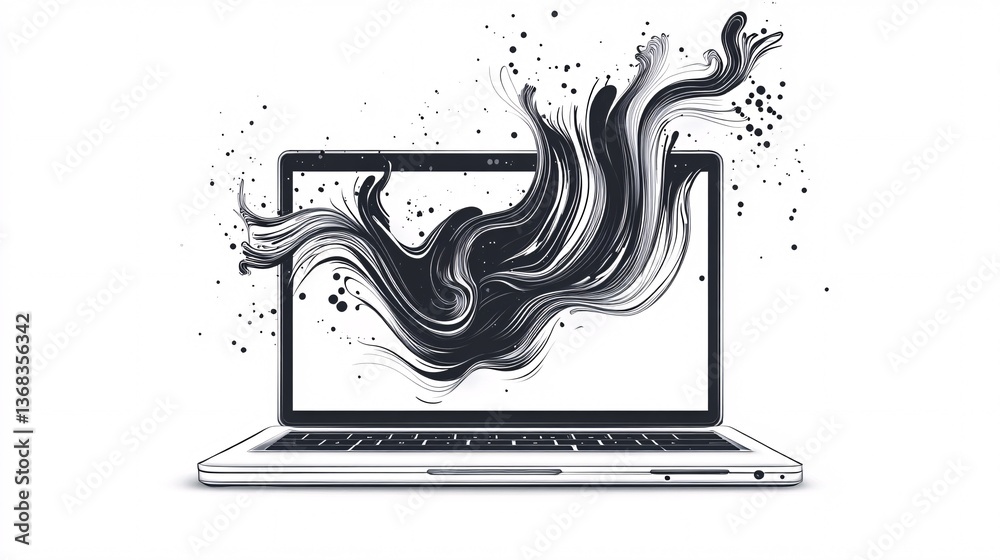 Poster Abstract black ink flowing from laptop screen creating a dynamic visual