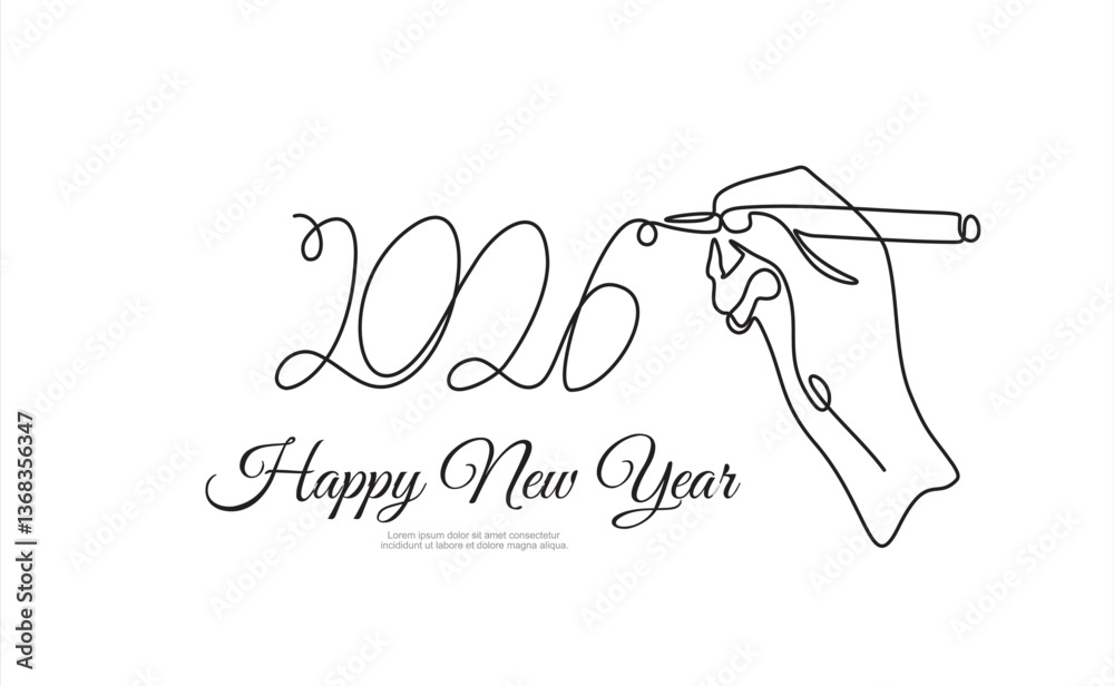 Fototapete continuous line drawing of happy new year 2026 with a hand holding a pen. symbolizing new year resol