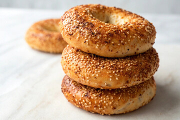 Fototapeta premium Delicious Sesame Bagels Stacked High, Gourmet Bakery Treats