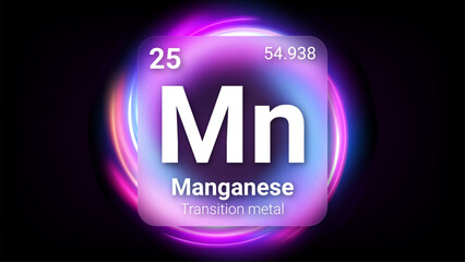 Manganese (Mn) (025) Transition Metal, Glass Morphism Element Futuristic Neon Light Glow Background Periodic Table, Chemical Symbol, Name, Atomic Mass, Atomic Number, Vector Illustration