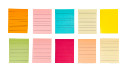 Colorful assorted sticky notes, memo papers on black background, cut out transparent
