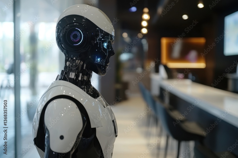 Poster robot assistant stands in a modern cafe showcasing advanced technology and design choices