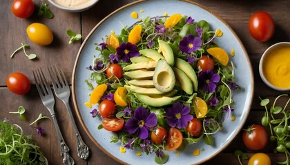 "Colorful Gourmet Salad with Avocado, Cherry Tomatoes, Olives, and Edible Flowers – Fresh and Healthy Food Presentation"