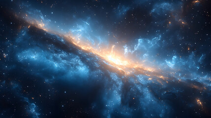 Stunning view of a cosmic nebula with vibrant blue and orange hues illuminating the space