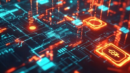 Obraz premium A blockchain-inspired futuristic composition featuring interconnected digital ledgers, smart contracts, and glowing currency symbols
