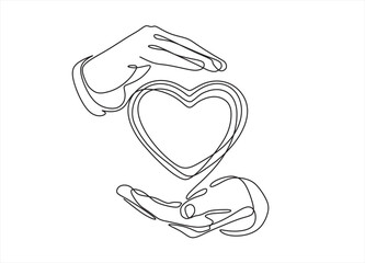Continuous one line drawing hand holding heart. Charity donation linear symbol. Vector isolated on white. Editable stroke. Doodle Vector illustration
