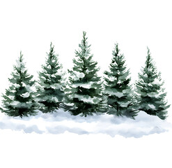 Obraz premium A row of watercolor pine trees covered in snow, isolated on a transparent background, PNG 
