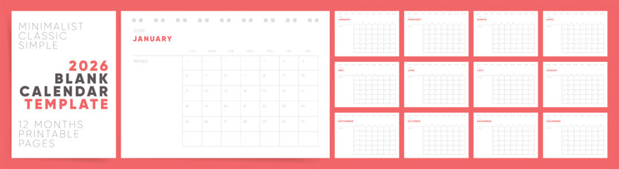 2026 Classic Calendar Template. Week starts on Sunday. Minimalist office design for a desktop planner. Simple and clean style. English vector layout.