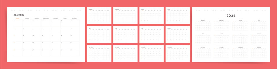 2026 Modern Calendar Layout. Sunday start corporate 2026 planner calendar for desk use. Clean and minimalist style. Professional English vector design.
