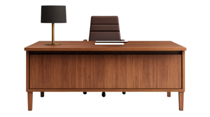 Office desk with lamp and chair, modern style interior, cut out transparent