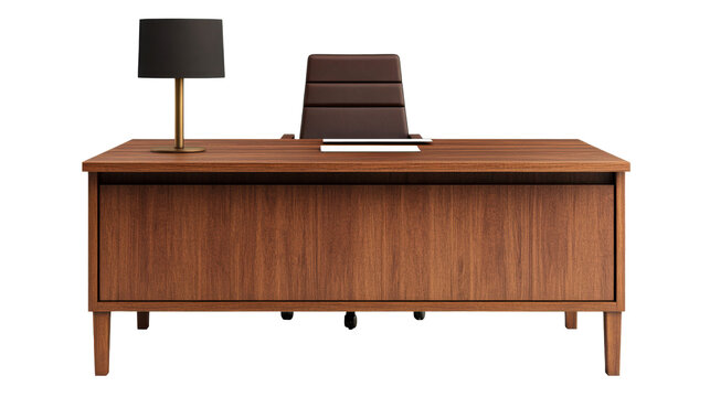 Office desk with lamp and chair, modern style interior, cut out transparent