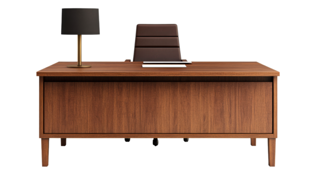 Office desk with lamp and chair, modern style interior, cut out transparent