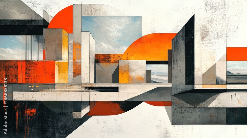 Poster a bold abstract architectural landscape with monolithic structures and sharp angular forms