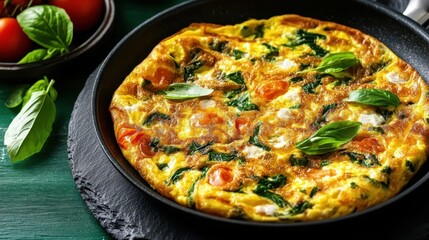 Omelet pan fluffy concept. A savory frittata featuring spinach, tomatoes, and basil, served in a skillet, showcasing vibrant colors and fresh ingredients.