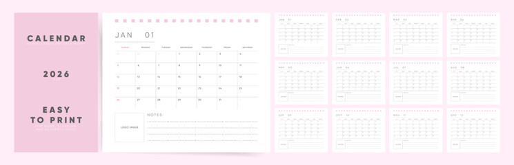 2026 Corporate Calendar Design. Week starts on Sunday. Minimal, classic style for a desktop or wall. English vector layout. Perfect for business planning.

