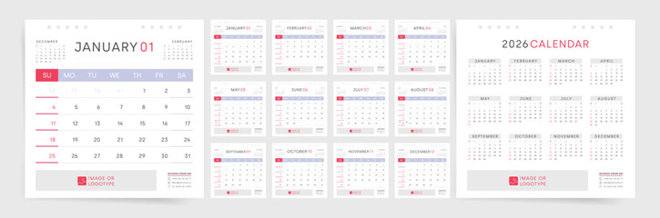 2026 Modern Corporate Calendar Template. Clean professional design with space for company logo. Sunday first monthly layout. Minimalist editable English vector 2026 calendar