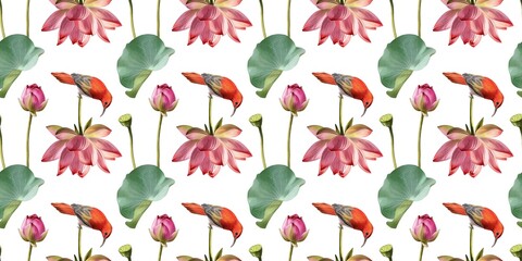 Exotic seamless pattern with parrots, leaves and fruits