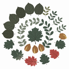 Vector icon sheet of assorted leaves with deep green, light green, metallic gold, and bright red hues arranged in a circular pattern.
