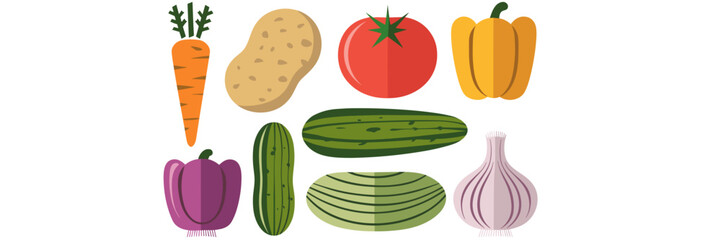 Vector icon set of vegetables including carrot, potato, tomato, bell pepper, cucumber, onion, and garlic arranged in a circle