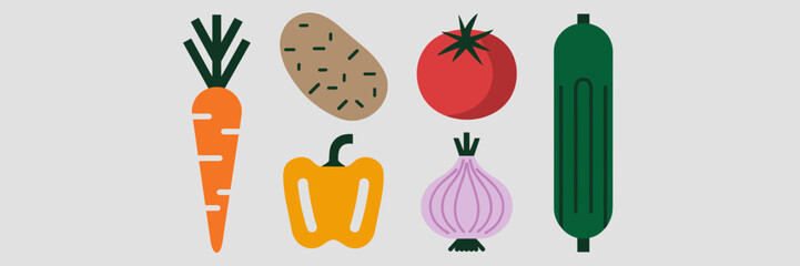 Vector icon set of vegetables including carrot, potato, tomato, bell pepper, onion, and cucumber in a simple style