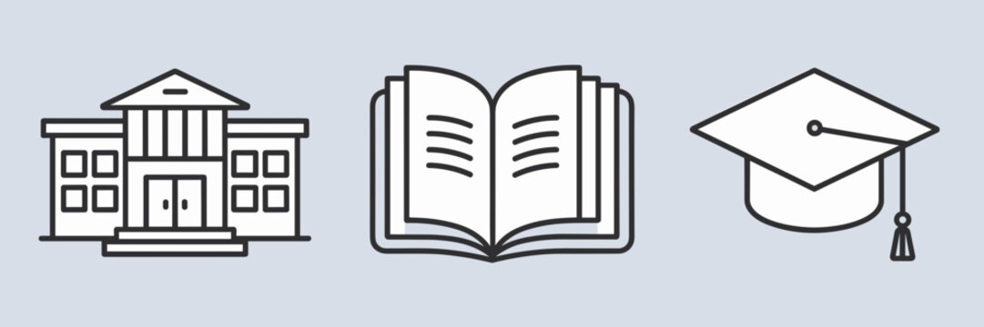 Vector illustration of a school building, open book, and graduation cap – Ideal for educational branding, academic websites, or school-related content. - Powered by Adobe