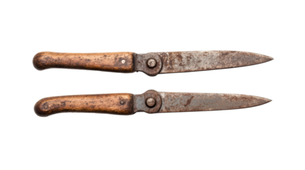Two antique rusty grafting knife with wooden handles, cut out transparent