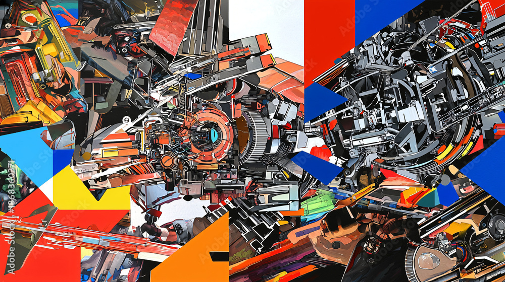 Poster a bunch of different colored objects showcasing dynamic fragmented forms layered with primary and se