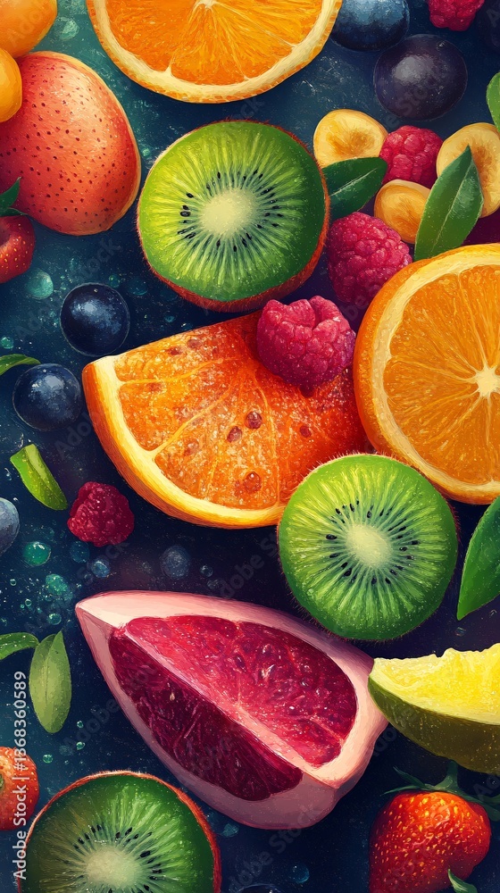 Poster Sliced fruits creating vibrant and colorful pattern on dark background
