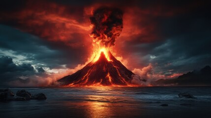 A magnificent volcano erupts, showcasing a dramatic display of fire and ash against a stormy sky, emphasizing nature's raw power and beauty.