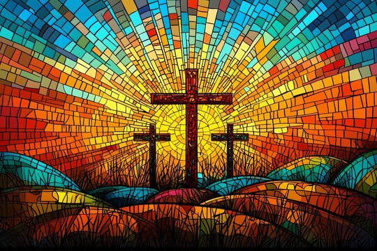 Three crosses on hill at sunrise in stained glass style, symbolizing Golgotha and Easter morning
