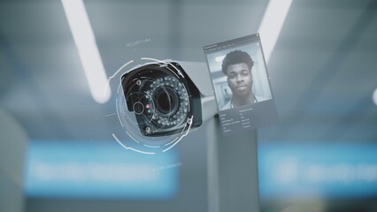 Advanced Airport Security: Close Up of Security Camera with Automatic Facial Recognition Scanning...