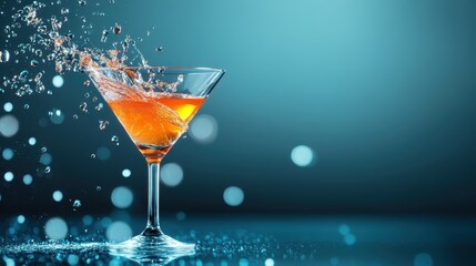 A visual masterpiece portraying the vivid splash of an orange drink in a cocktail glass, contrasting beautifully with the blue background and showcasing joyful celebration.