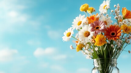 A stunning arrangement of colorful flowers in a stylish glass jar illuminated by soft light, symbolizing beauty, creativity, and the vibrant essence of life.