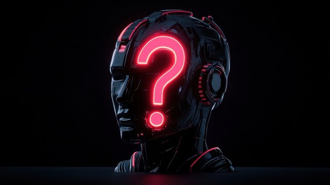 A futuristic AI head with a glowing question mark symbolizing confusion, uncertainty, and the evolving technology of artificial intelligence.