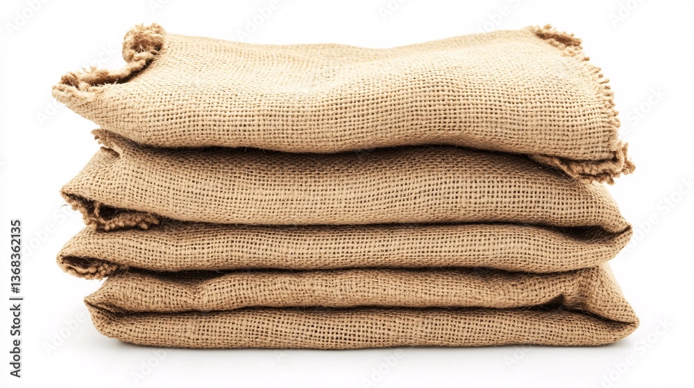 Poster stack of folded burlap sacks on white background
