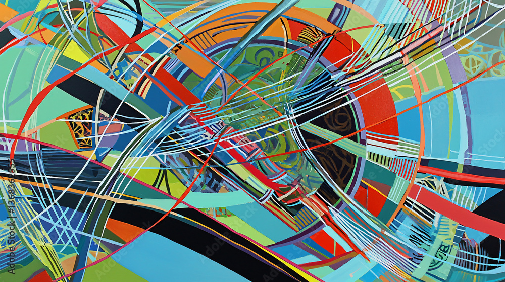Poster eye-catching painting with an array of different colors and dynamic lines and geometric shapes that 