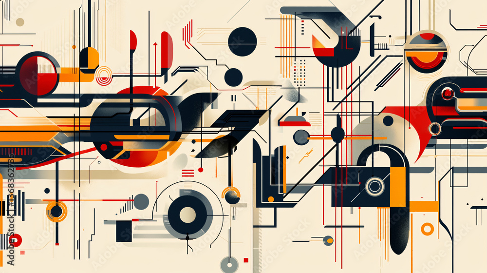 Poster colorful abstract design featuring dynamic lines and shapes arranged in an energetic pattern that ev